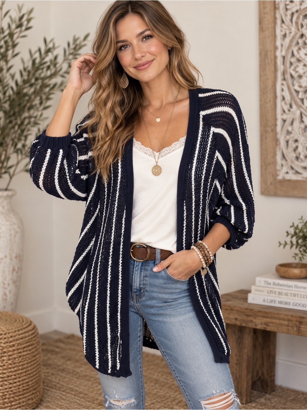 American Eagle Outfitters Navy and White Striped Open-Front Cardigan size medium